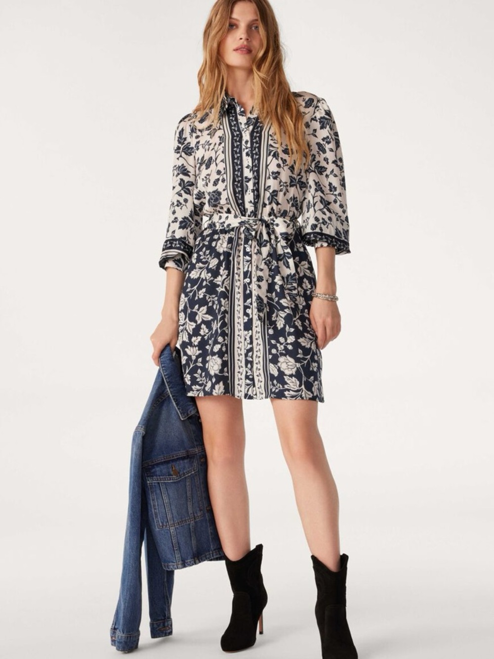 ba&sh Navy and Cream Floral Shirt Mini Dress